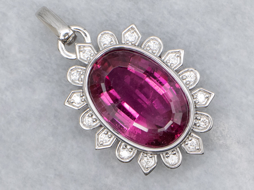 Modern White Gold Pink Tourmaline and Diamond Halo Pendant
