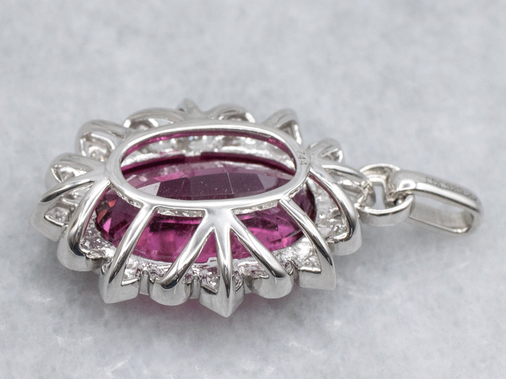 Modern White Gold Pink Tourmaline and Diamond Halo Pendant