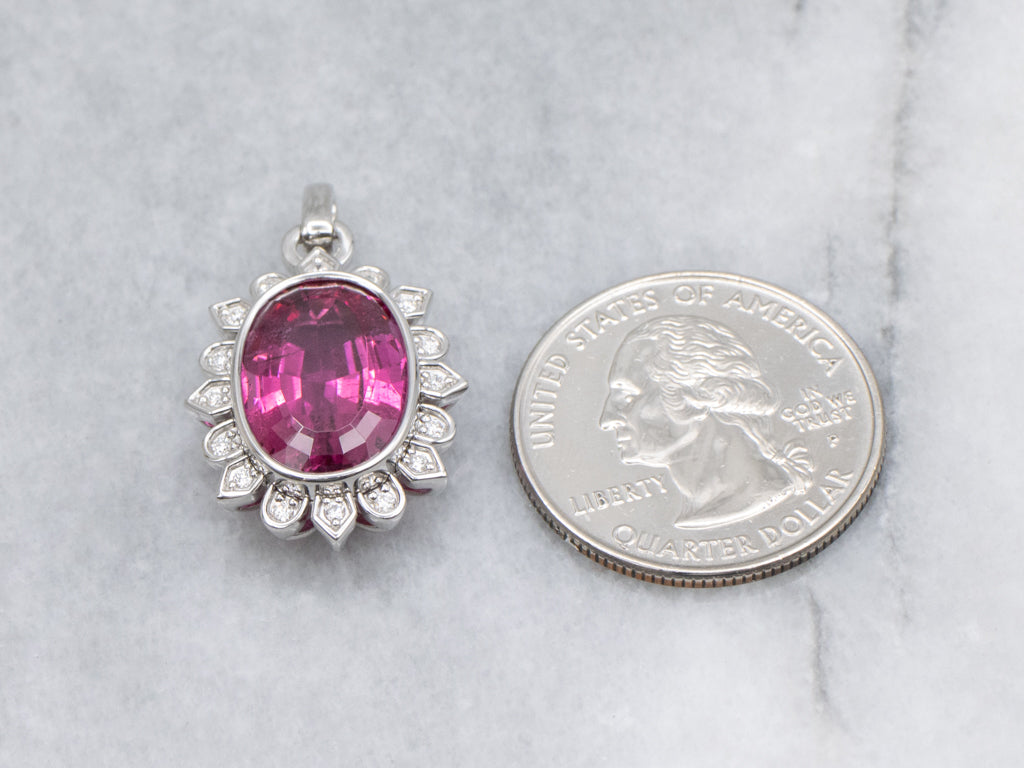 Modern White Gold Pink Tourmaline and Diamond Halo Pendant