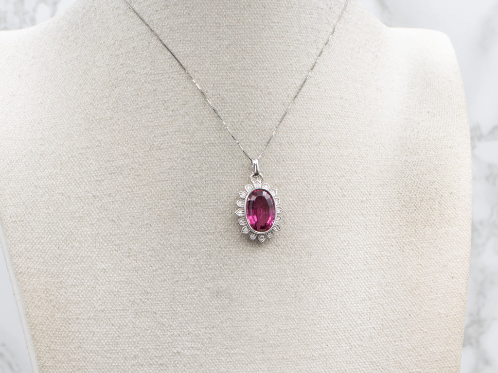 Modern White Gold Pink Tourmaline and Diamond Halo Pendant