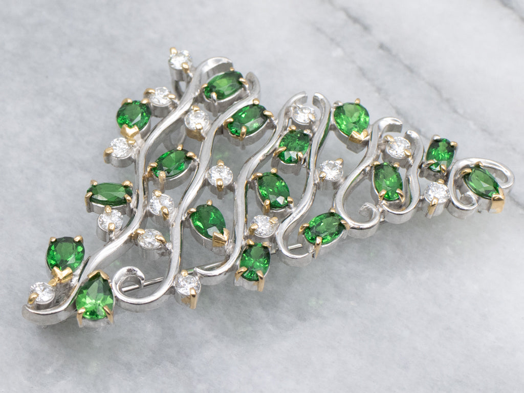 Mix-Cut Tsavorite Garnet and Diamond Modernist Brooch or Pendant