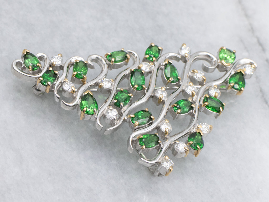 Mix-Cut Tsavorite Garnet and Diamond Modernist Brooch or Pendant