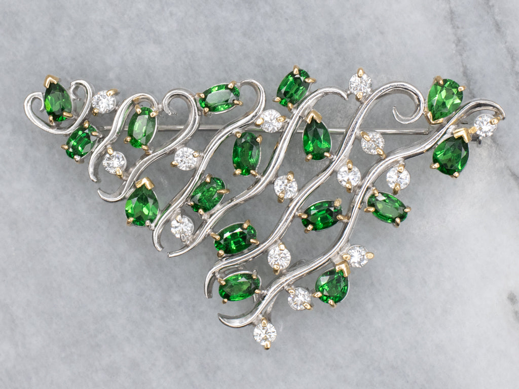 Mix-Cut Tsavorite Garnet and Diamond Modernist Brooch or Pendant