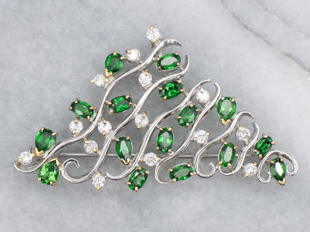 Mix-Cut Tsavorite Garnet and Diamond Modernist Brooch or Pendant