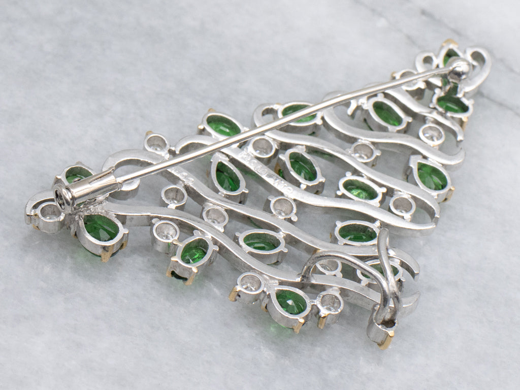 Mix-Cut Tsavorite Garnet and Diamond Modernist Brooch or Pendant