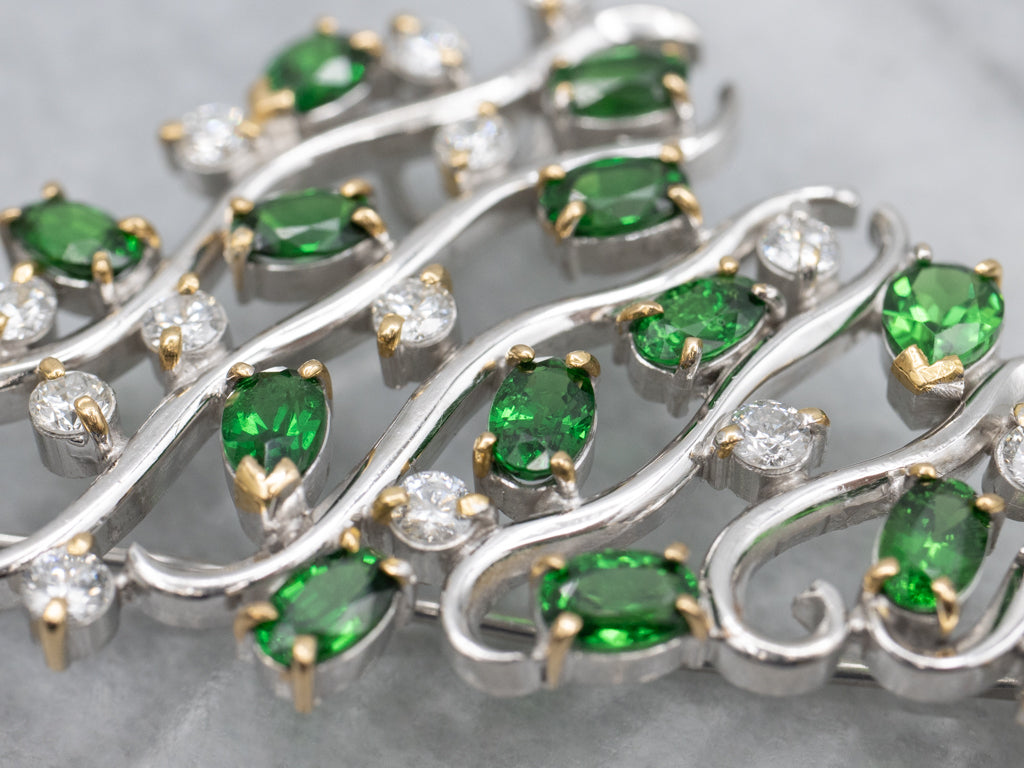 Mix-Cut Tsavorite Garnet and Diamond Modernist Brooch or Pendant