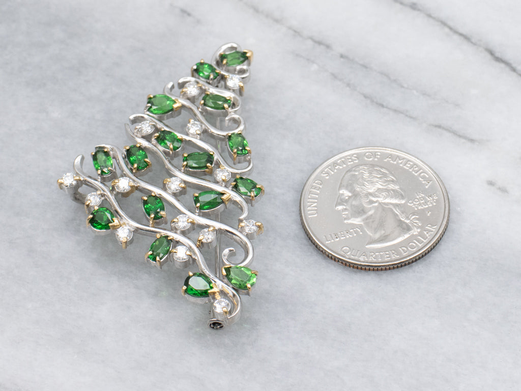Mix-Cut Tsavorite Garnet and Diamond Modernist Brooch or Pendant