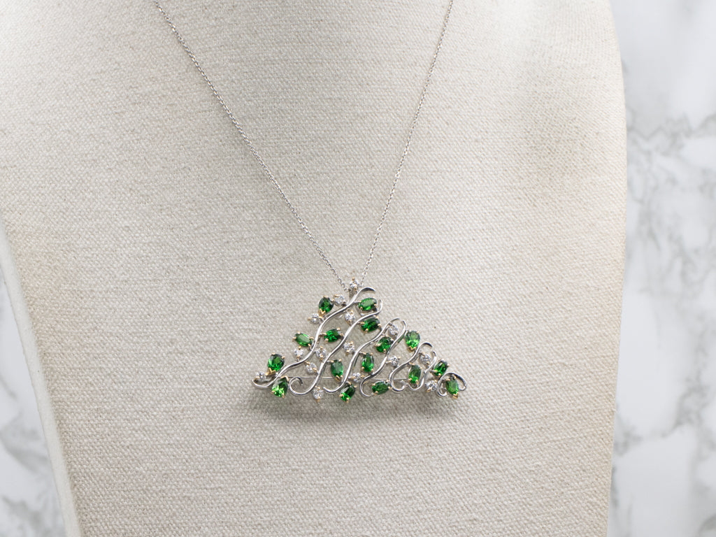 Mix-Cut Tsavorite Garnet and Diamond Modernist Brooch or Pendant