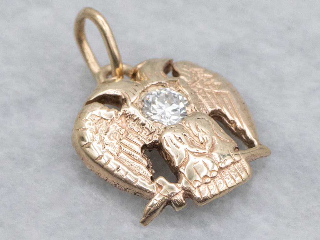 Masonic European Cut Diamond Double-Headed Eagle Gold Pendant