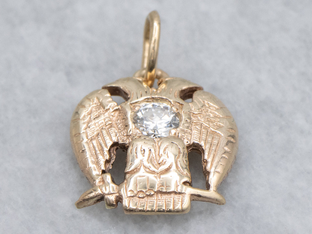 Masonic European Cut Diamond Double-Headed Eagle Gold Pendant