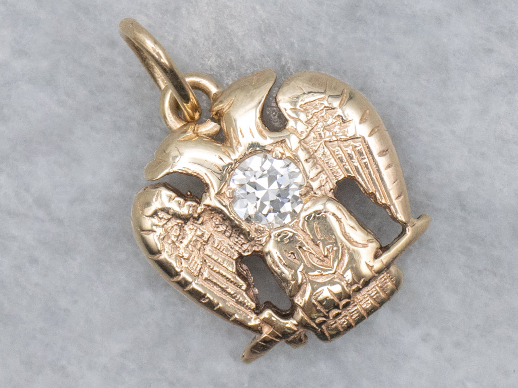 Masonic European Cut Diamond Double-Headed Eagle Gold Pendant