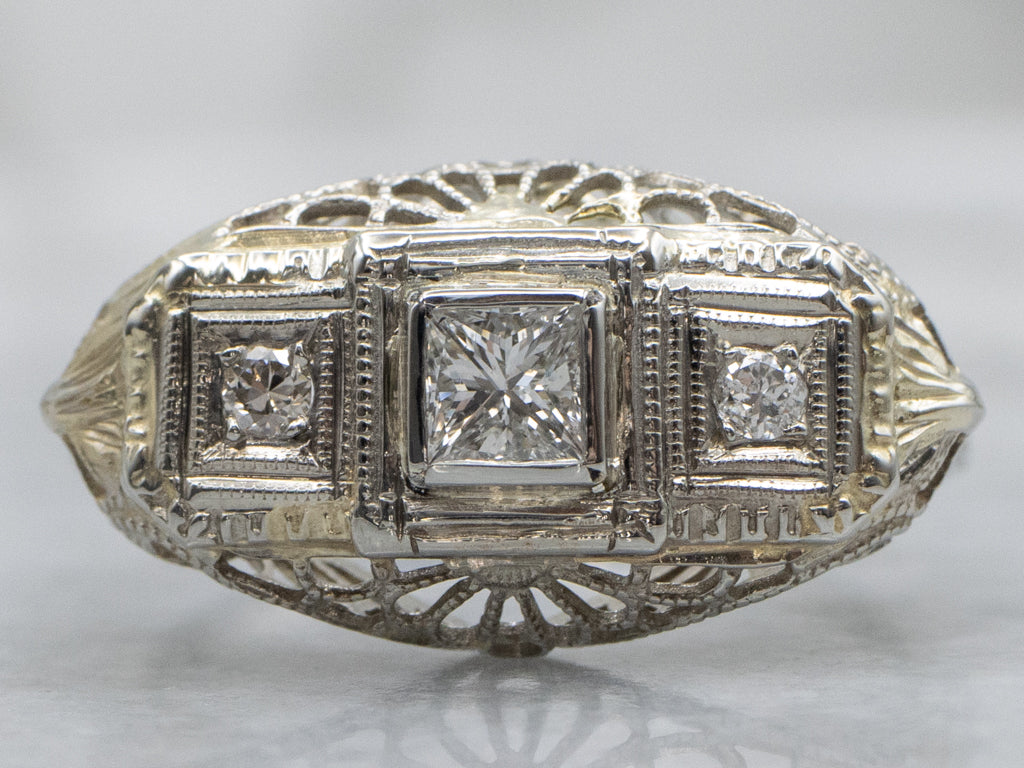 Princess Cut Art Deco Three Stone Diamond Ring