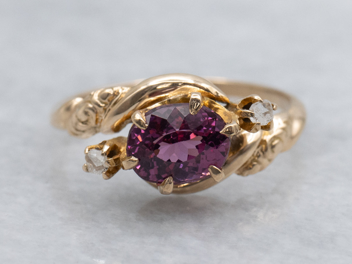 Rhodolite Garnet and Rose Cut Diamonds in Victorian Bypass Setting