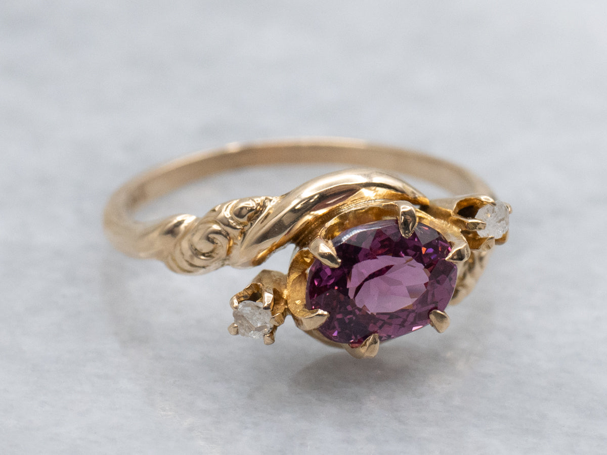 Rhodolite Garnet and Rose Cut Diamonds in Victorian Bypass Setting