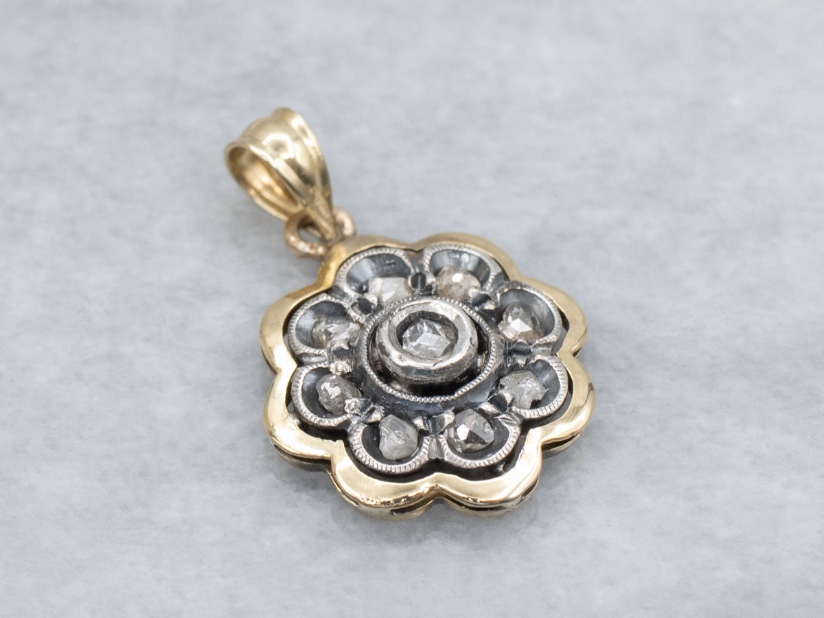 Rose-Cut Diamond Floral Sterling Silver and Gold Stickpin Conversion Pendant
