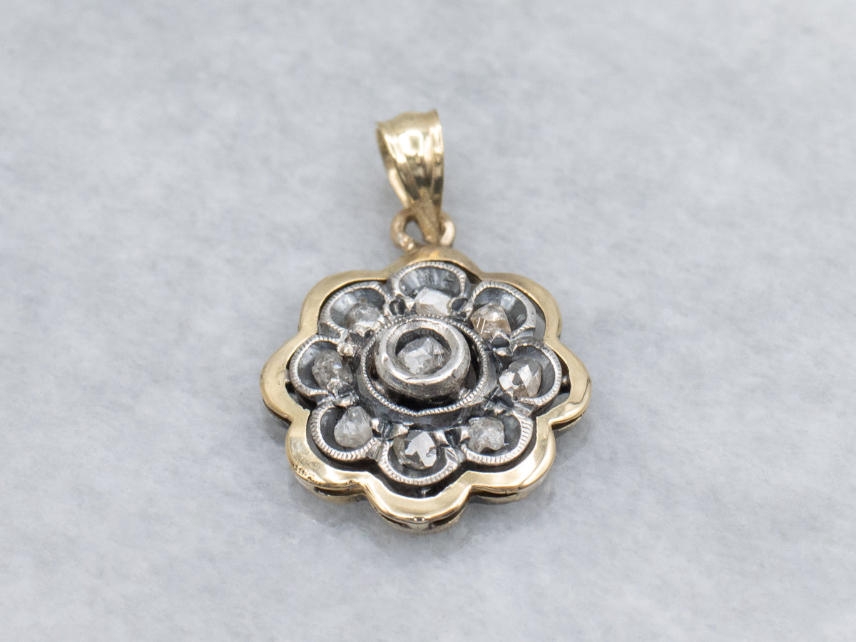 Rose-Cut Diamond Floral Sterling Silver and Gold Stickpin Conversion Pendant