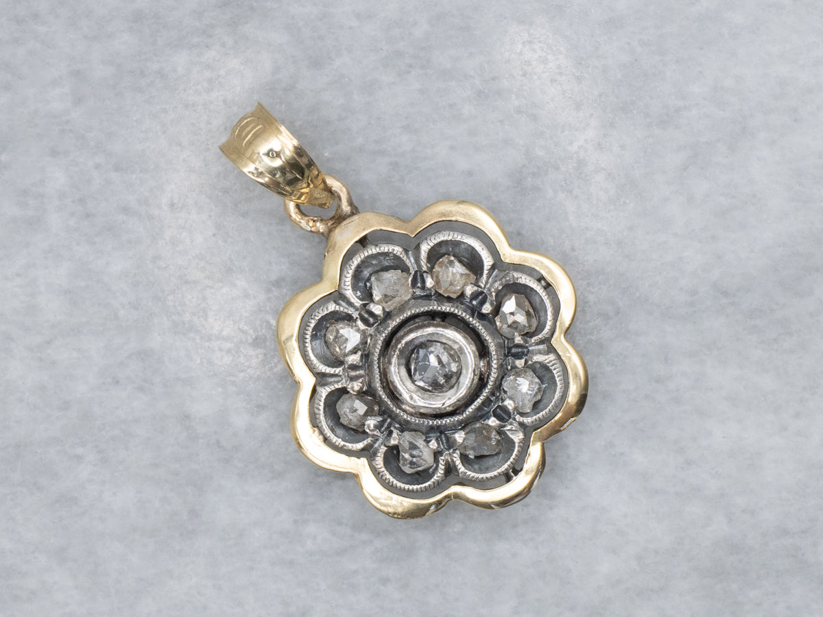 Rose-Cut Diamond Floral Sterling Silver and Gold Stickpin Conversion Pendant