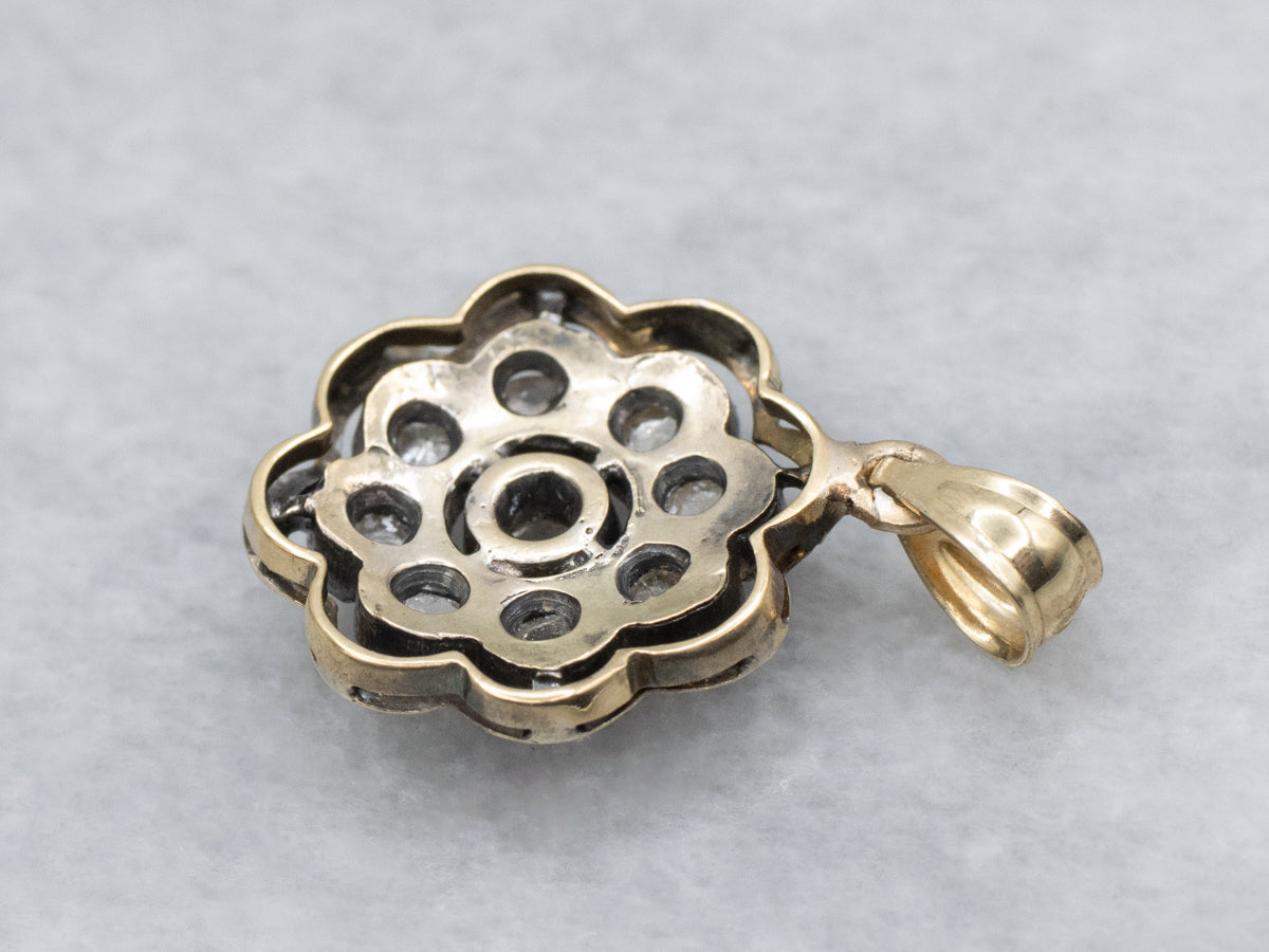 Rose-Cut Diamond Floral Sterling Silver and Gold Stickpin Conversion Pendant