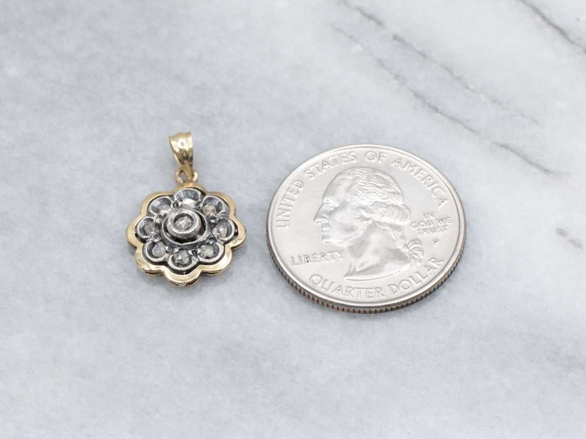 Rose-Cut Diamond Floral Sterling Silver and Gold Stickpin Conversion Pendant