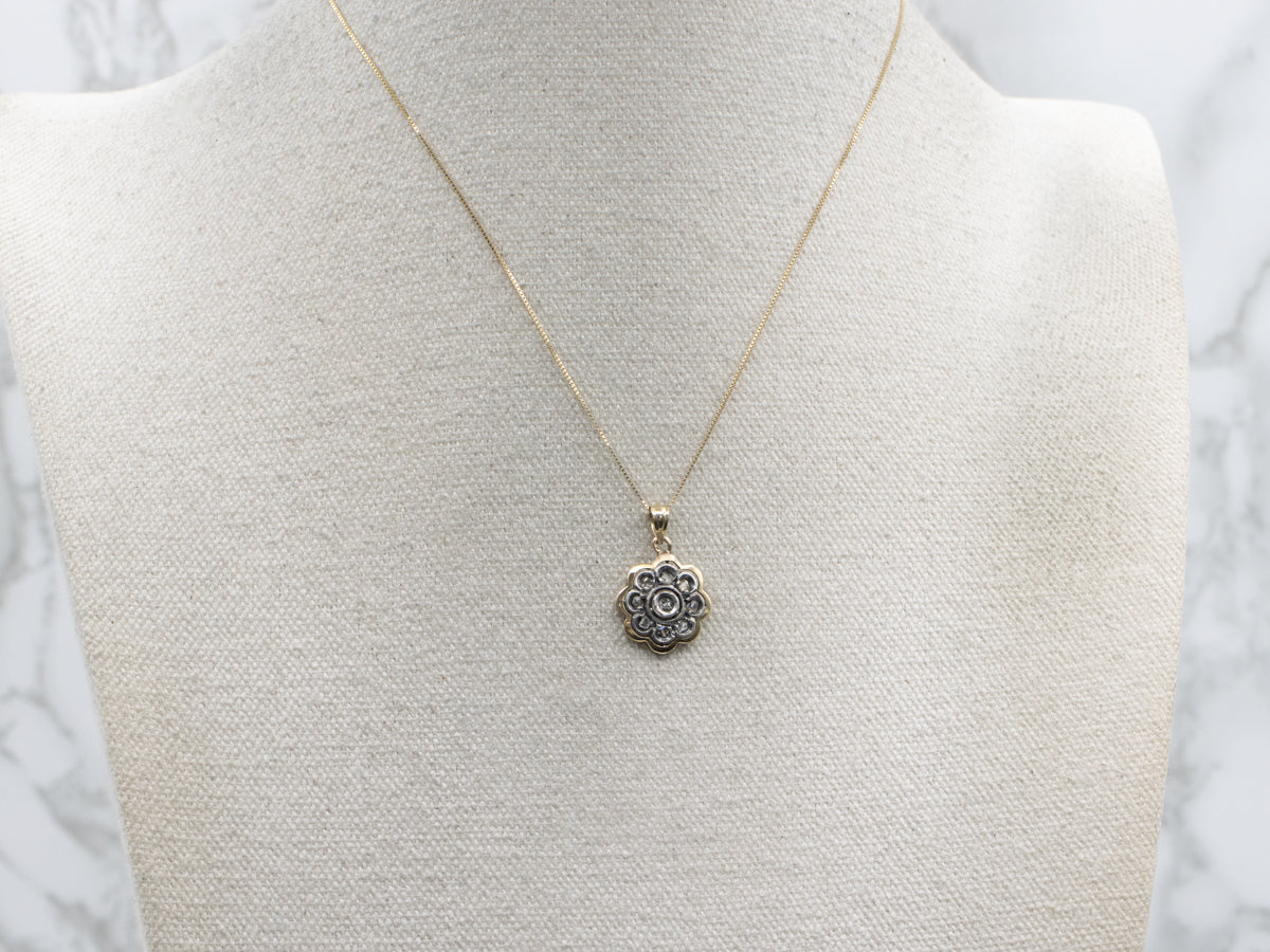 Rose-Cut Diamond Floral Sterling Silver and Gold Stickpin Conversion Pendant