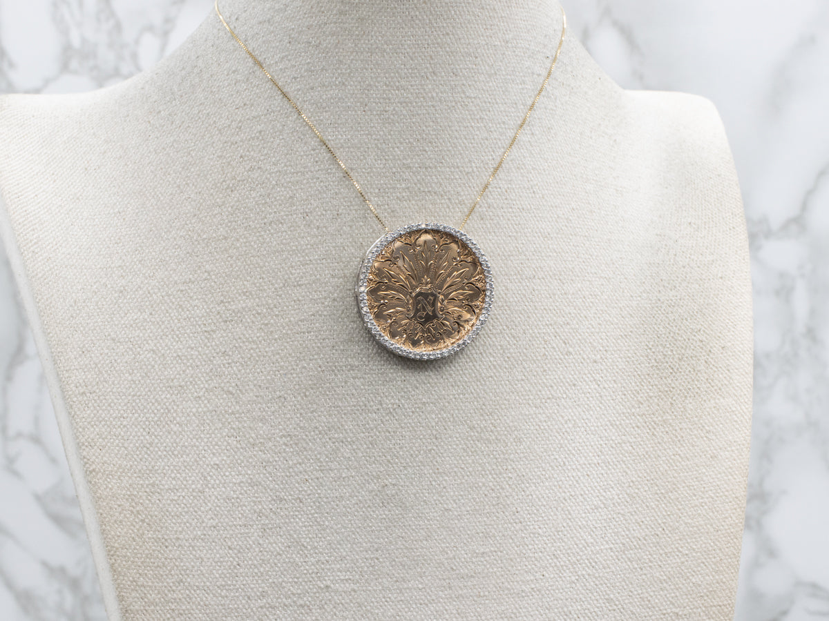 Antique Gold Waltham Pocket Watch Conversion Pendant with Diamond Halo