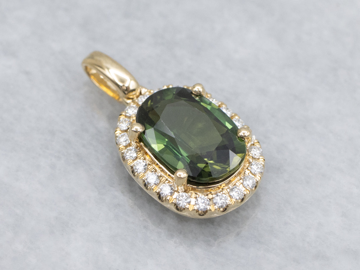 Oval-Cut Green Sapphire and Diamond Halo Yellow Gold Pendant