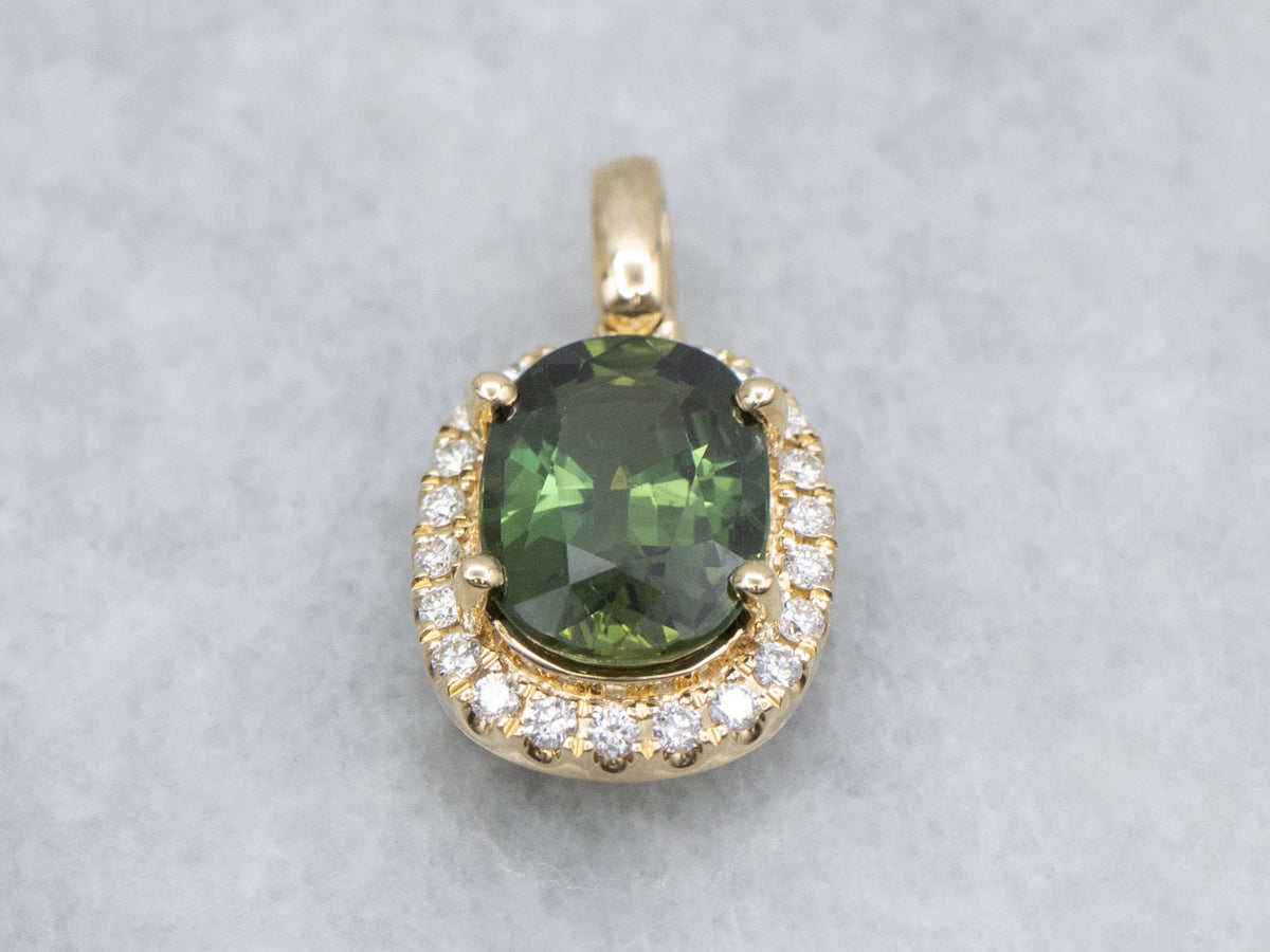 Oval-Cut Green Sapphire and Diamond Halo Yellow Gold Pendant