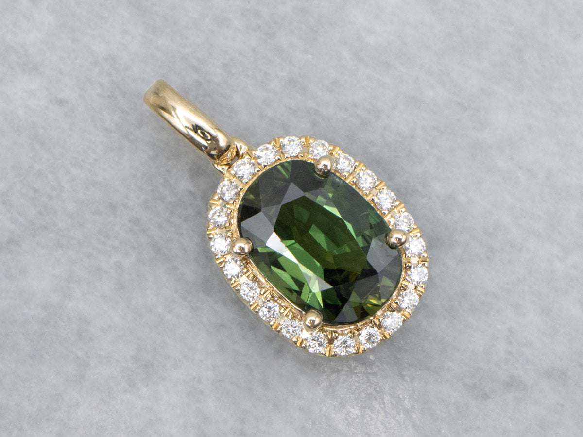 Oval-Cut Green Sapphire and Diamond Halo Yellow Gold Pendant