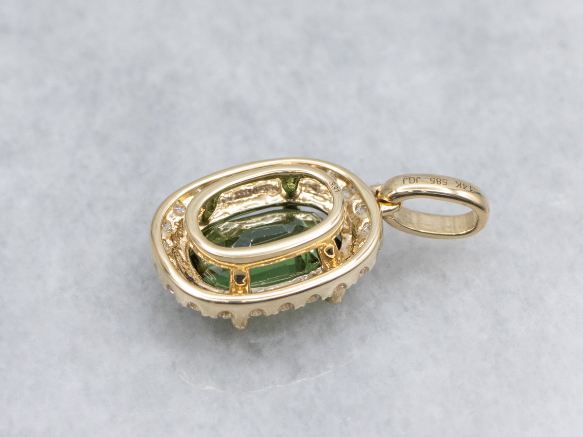 Oval-Cut Green Sapphire and Diamond Halo Yellow Gold Pendant
