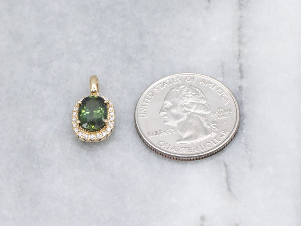 Oval-Cut Green Sapphire and Diamond Halo Yellow Gold Pendant