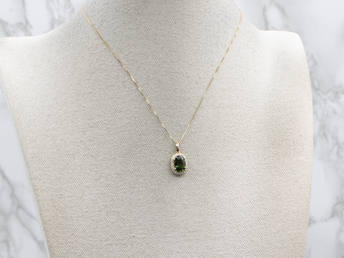 Oval-Cut Green Sapphire and Diamond Halo Yellow Gold Pendant