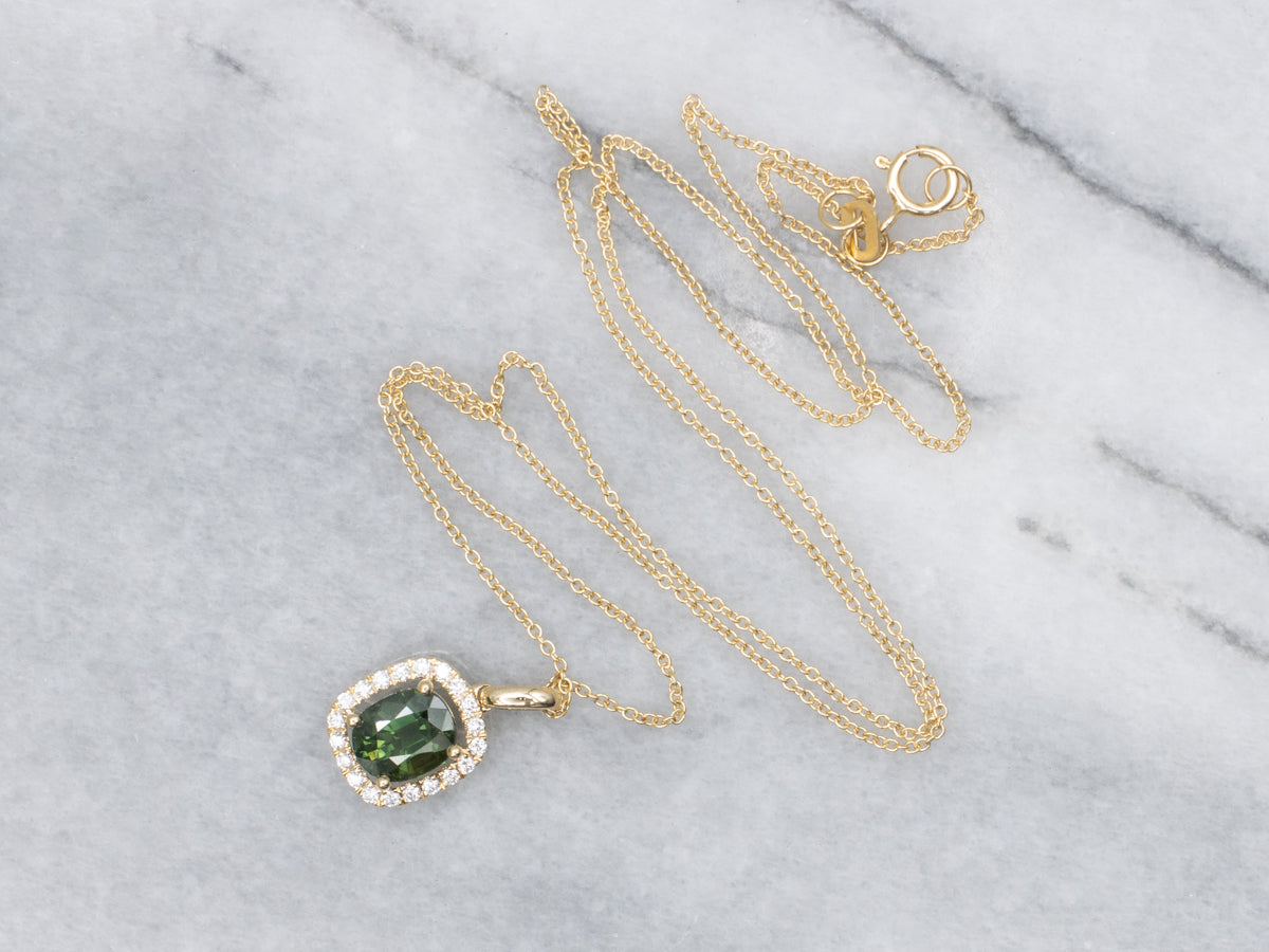 Green Sapphire and Diamond Halo Yellow Gold Pendant Necklace