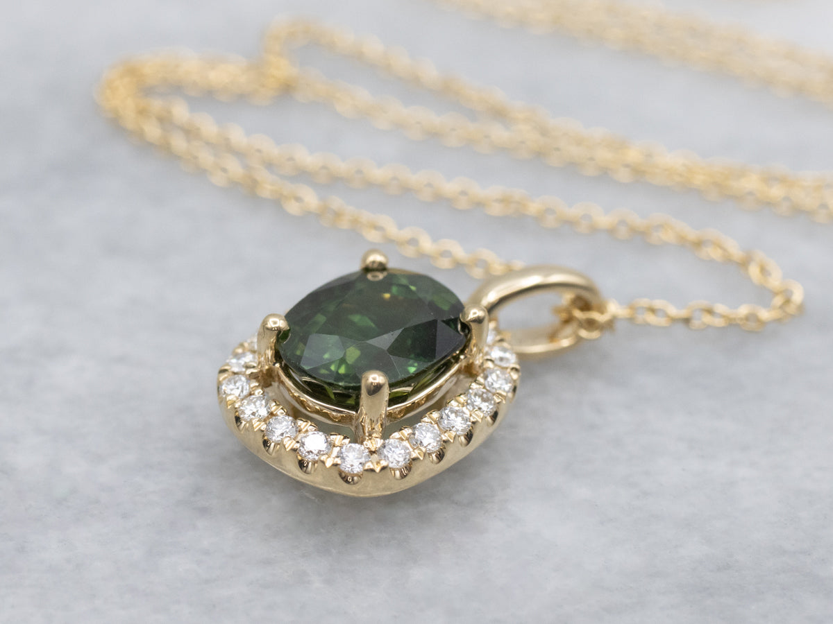 Green Sapphire and Diamond Halo Yellow Gold Pendant Necklace