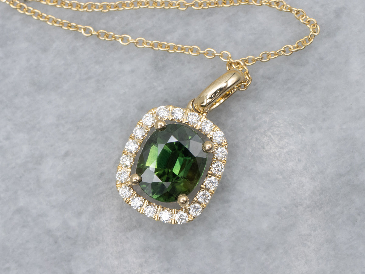 Green Sapphire and Diamond Halo Yellow Gold Pendant Necklace