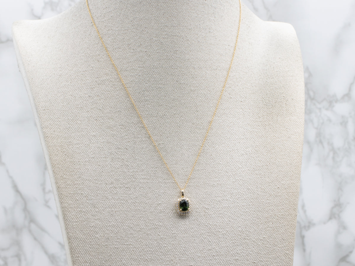 Green Sapphire and Diamond Halo Yellow Gold Pendant Necklace