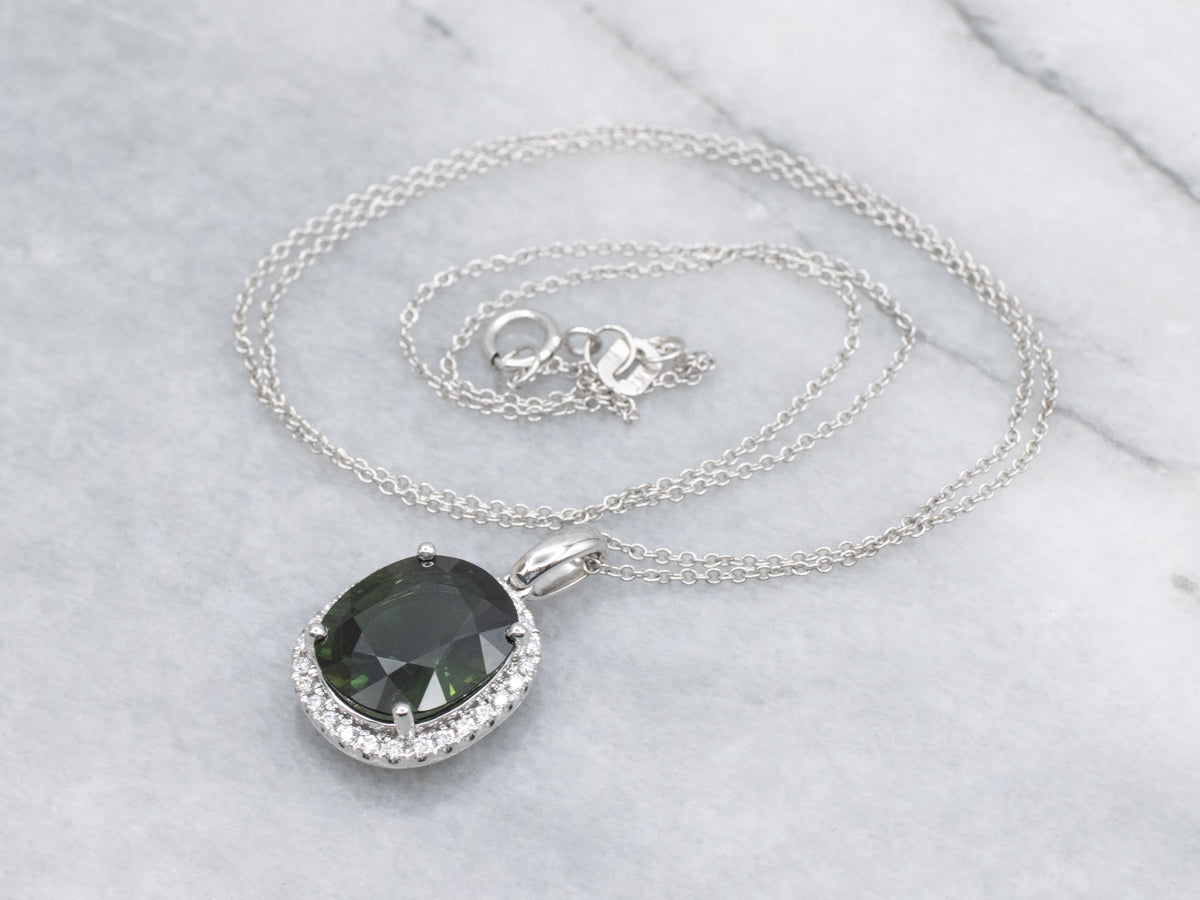 Oval-Cut Green Sapphire and Diamond Halo White Gold Pendant Necklace