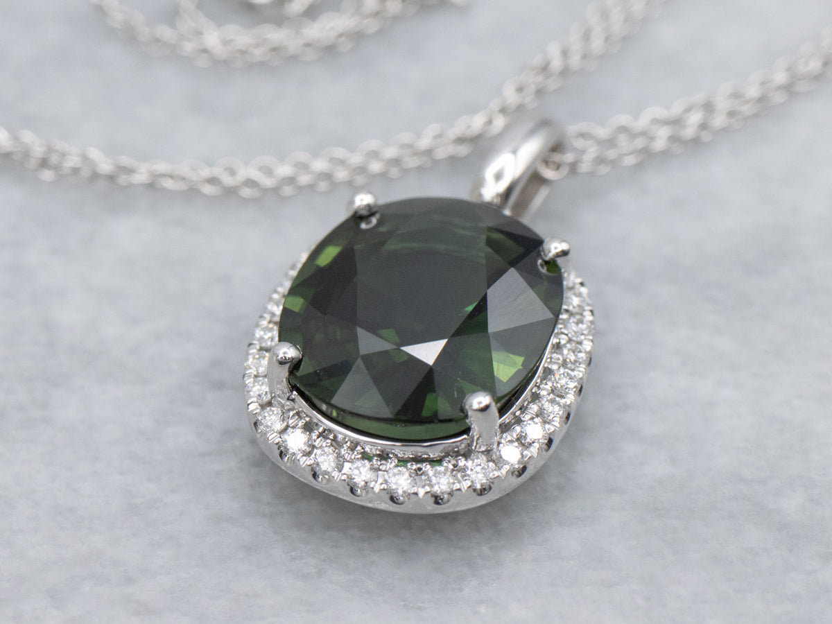 Oval-Cut Green Sapphire and Diamond Halo White Gold Pendant Necklace