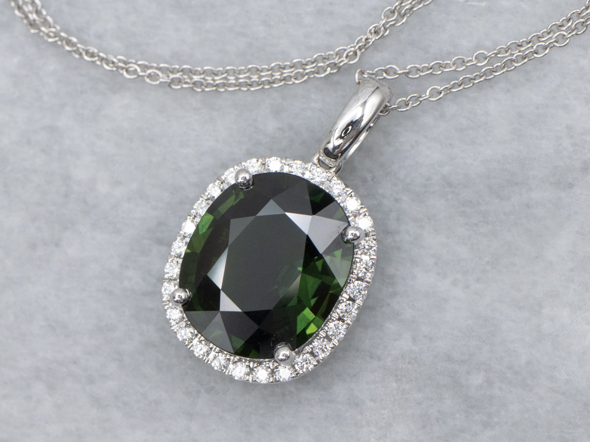 Oval-Cut Green Sapphire and Diamond Halo White Gold Pendant Necklace