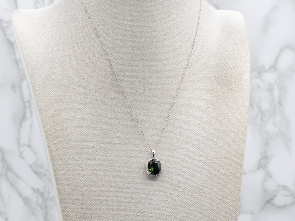 Oval-Cut Green Sapphire and Diamond Halo White Gold Pendant Necklace