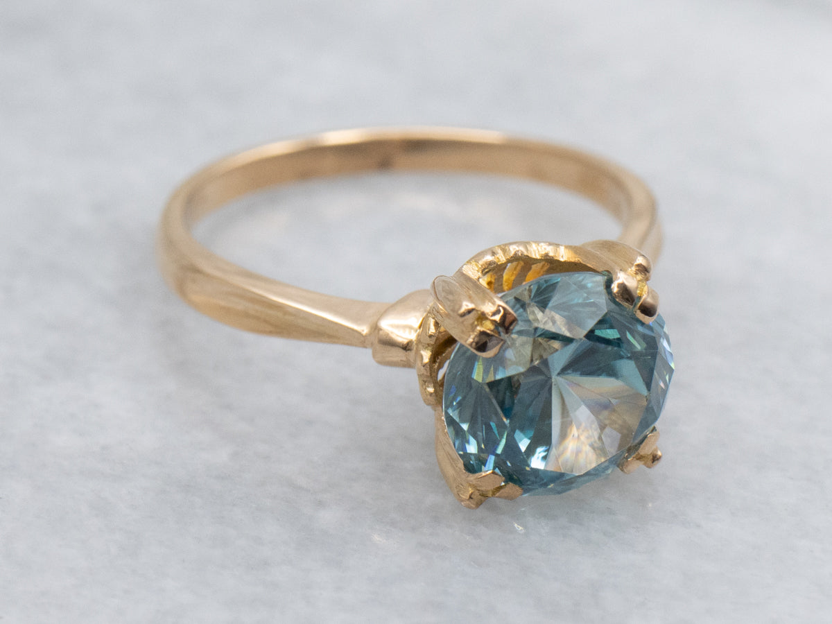 Blue Zircon in Vintage Gold Fishtail-Prong Solitaire Ring