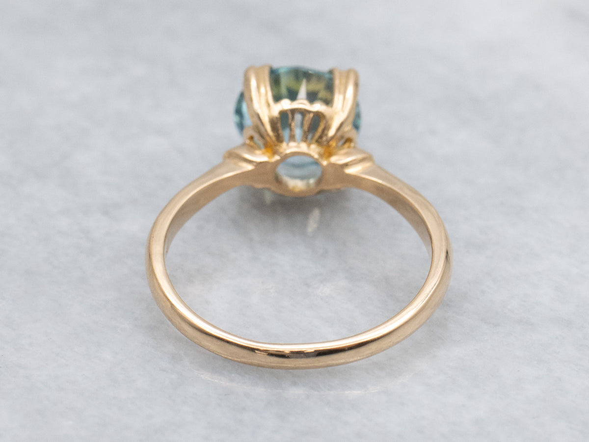Blue Zircon in Vintage Gold Fishtail-Prong Solitaire Ring