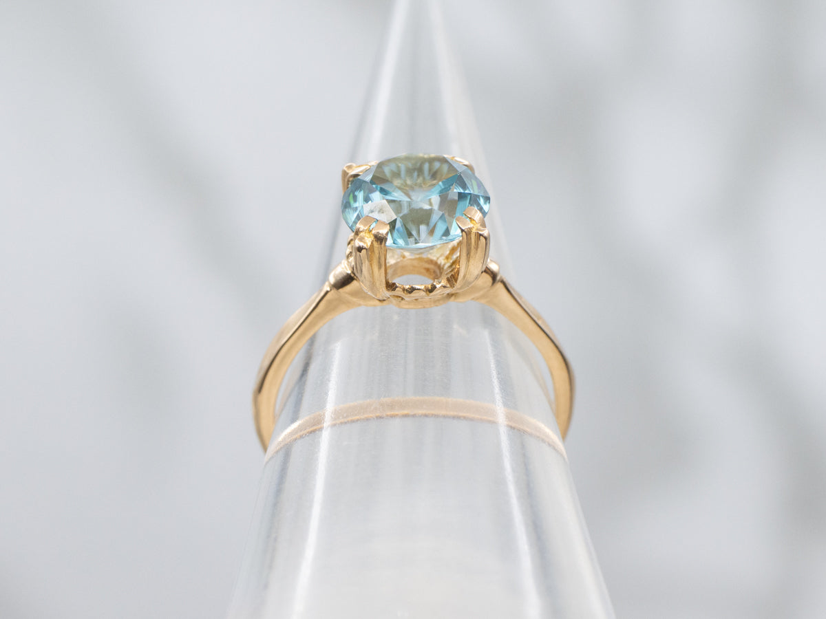 Blue Zircon in Vintage Gold Fishtail-Prong Solitaire Ring