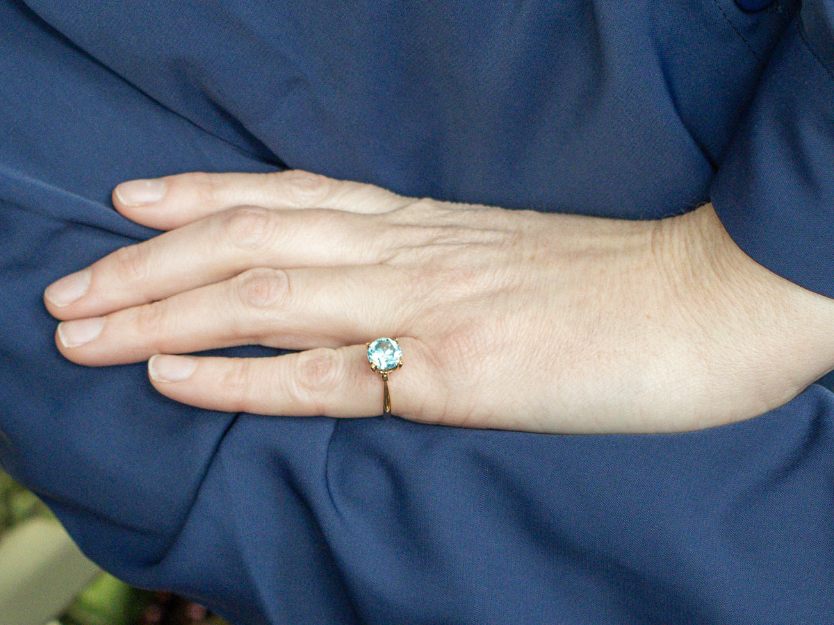 Blue Zircon in Vintage Gold Fishtail-Prong Solitaire Ring