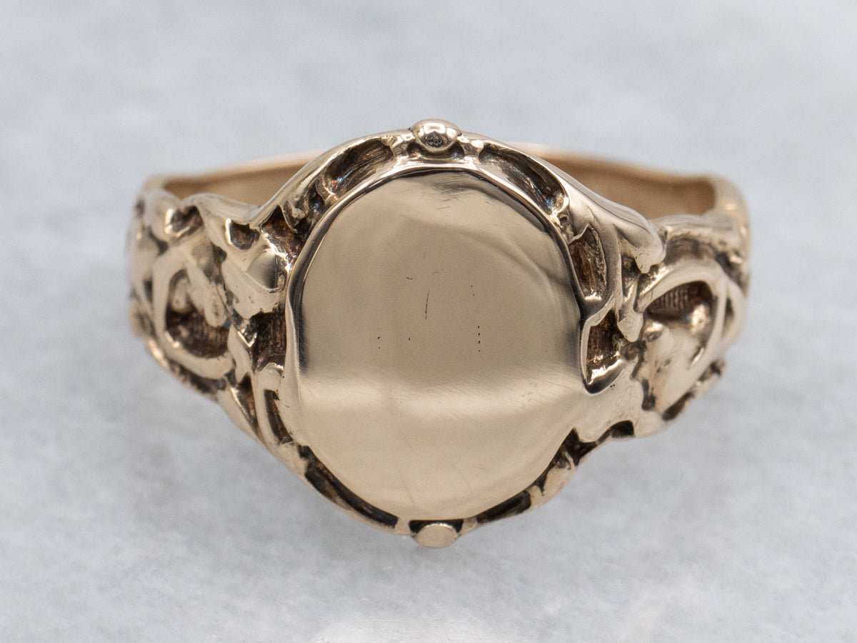 Ornate Antique Gold Oval-Top Signet Ring