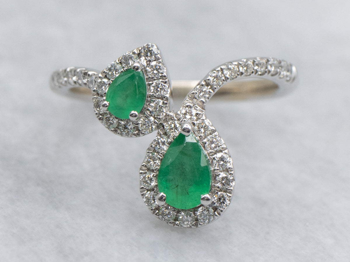 Modern Pear-Cut Emerald and Diamond Bypass Ring