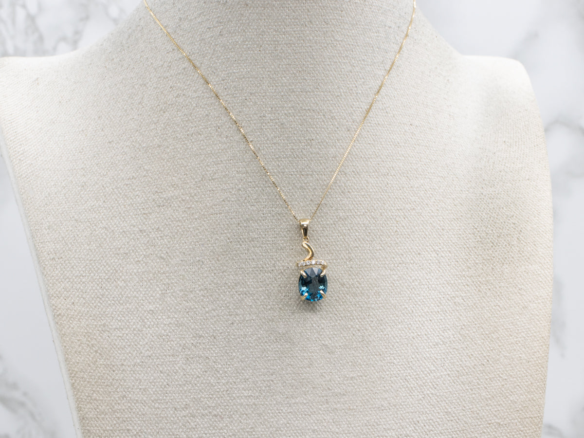 Modern London Blue Topaz and Diamond Gold Twist Pendant