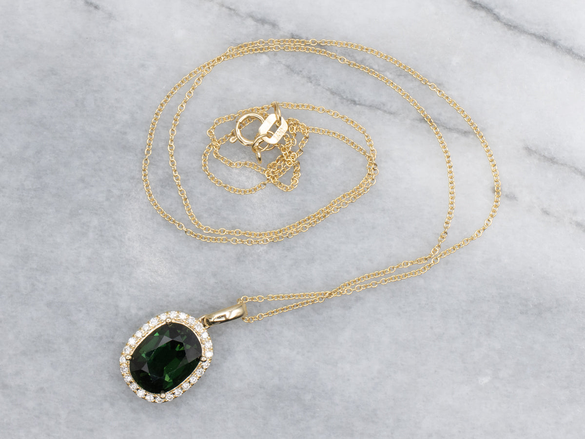Green Sapphire and Diamond Halo Yellow Gold Pendant Necklace