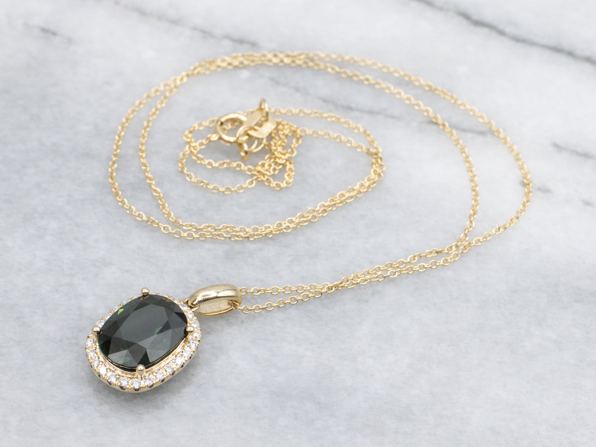 Green Sapphire and Diamond Halo Yellow Gold Pendant Necklace