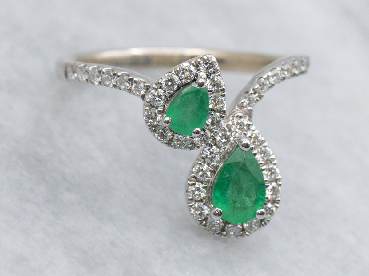 Modern Pear-Cut Emerald and Diamond Bypass Ring