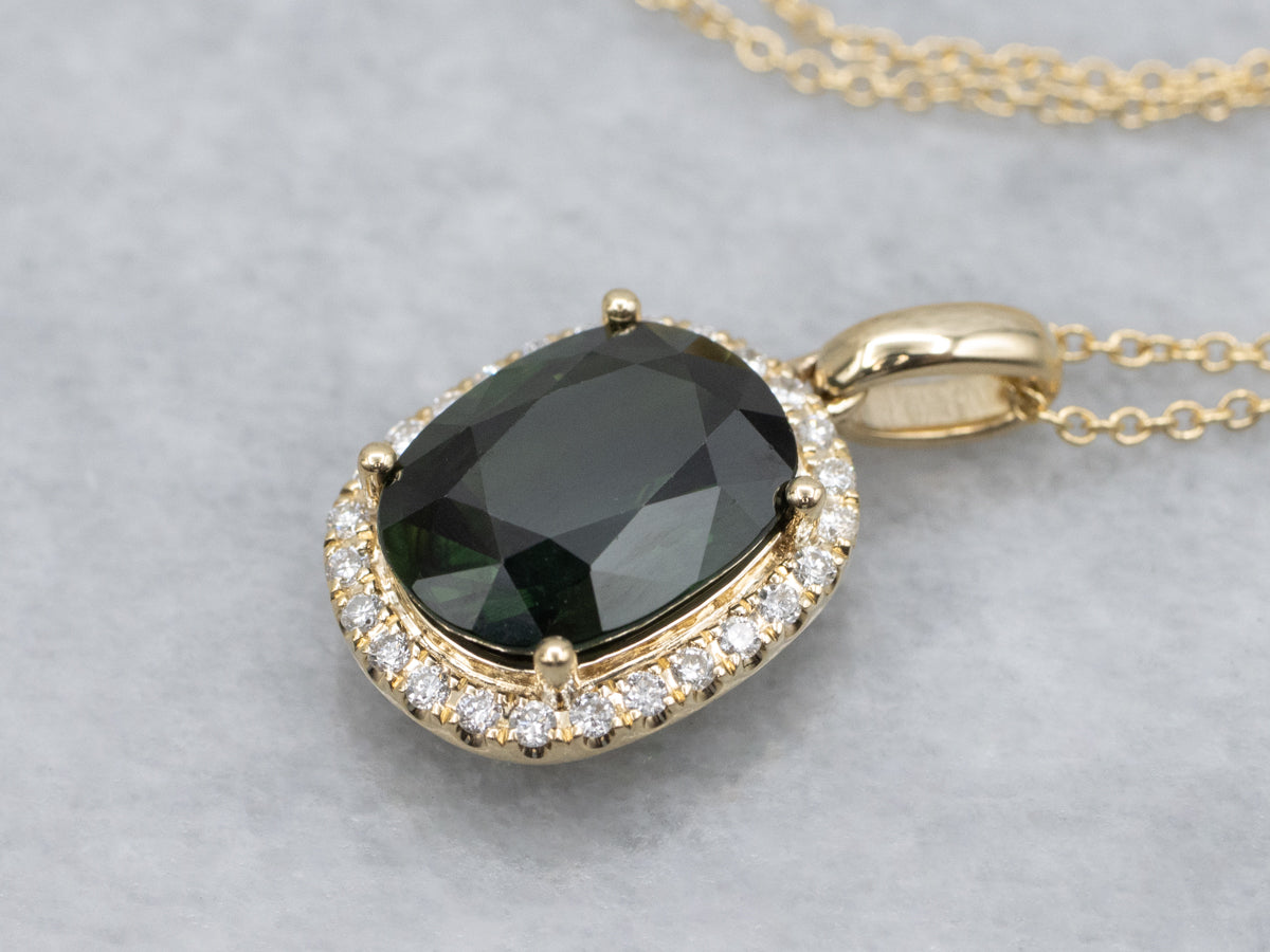 Green Sapphire and Diamond Halo Yellow Gold Pendant Necklace